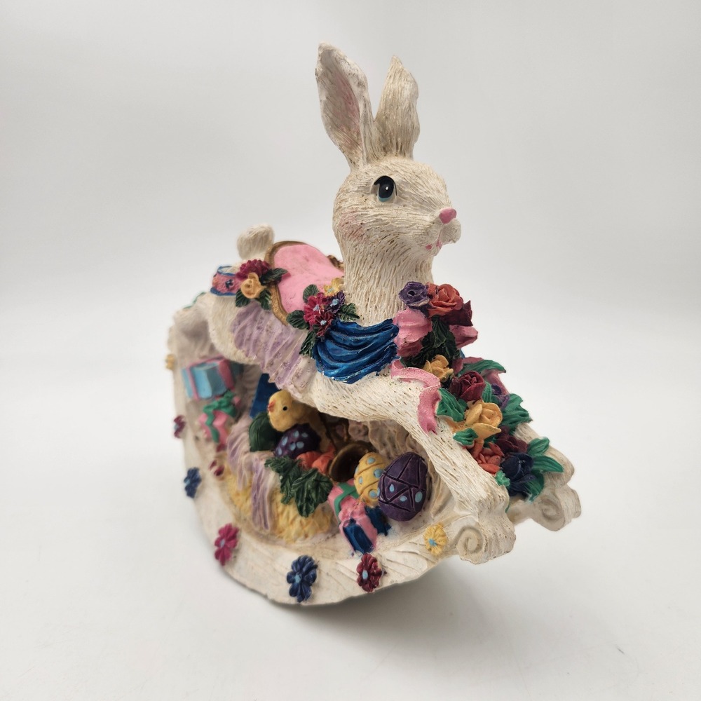 Vintage Style Rocking Easter Bunny Rabbit Figurine Floral Resin Spring Decor - Picture 2 of 7